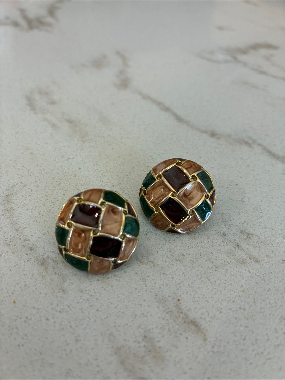 Gold-Tone Multicolor Enamel Round Clip Earrings - Green, Brown, Burgundy